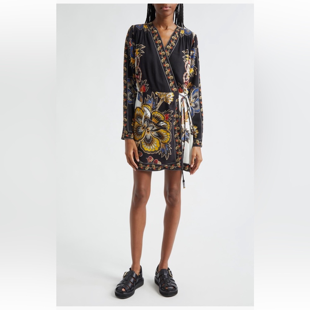 NWT  FARM Rio Floral Border Print Long Sleeve Wrap Minidress, Size Small